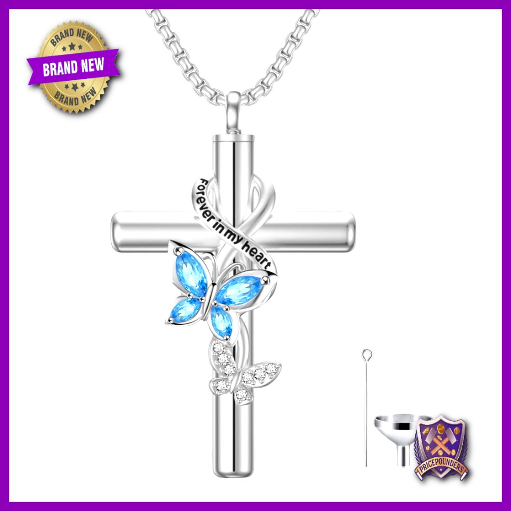 Sterling Silver Cremation Urn Necklace With Butterfly Cross Pendant Memorial